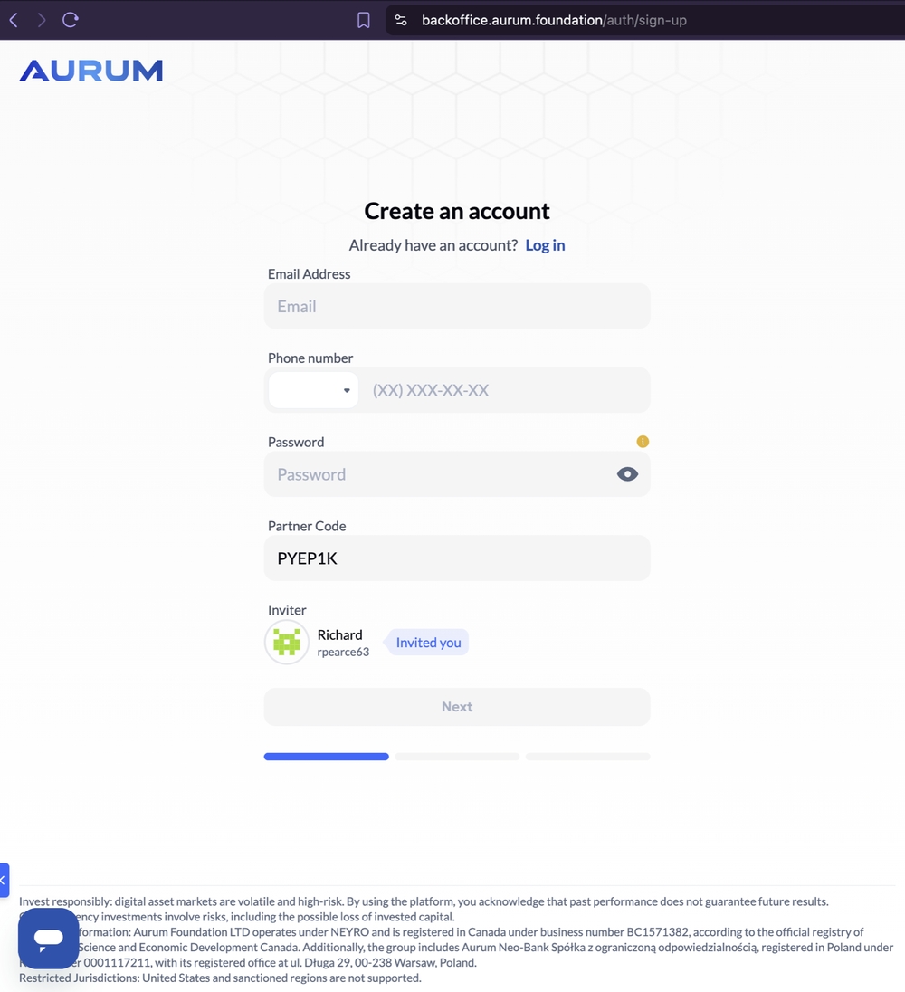 Aurum sign-up: partner code PYEP1K, inviter “Richard / rpearce63”.